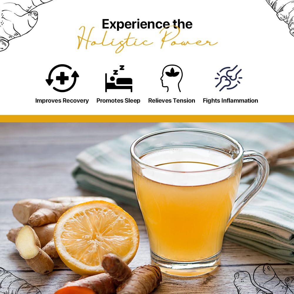 Blue Tea Caffeine Free Ginger Turmeric Herbal Tea - 10 Pyramid Tea Bags In Zipper Pack | Enhances Immune System - Gluten Free, Non-GMO