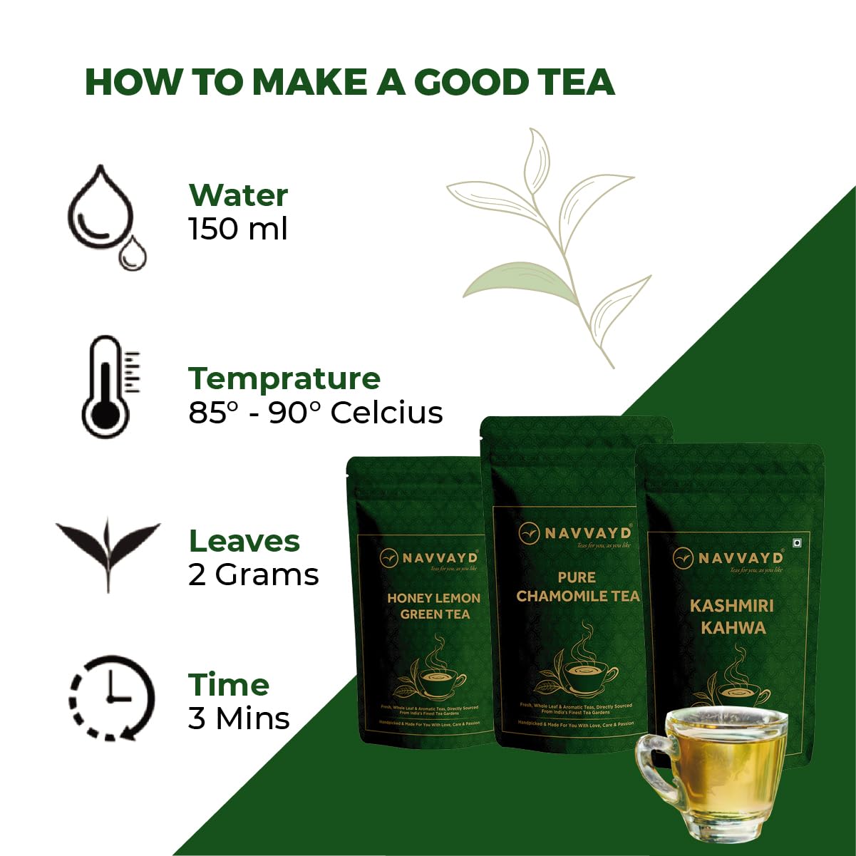 Navvayd Darjeeling Spring White Tea - 50gm, 1.7 Ounce, 25cups | 100% Darjeeling White Tea - Long & Whole Leaves | Low Caffeine, Gluten Free, Vegan