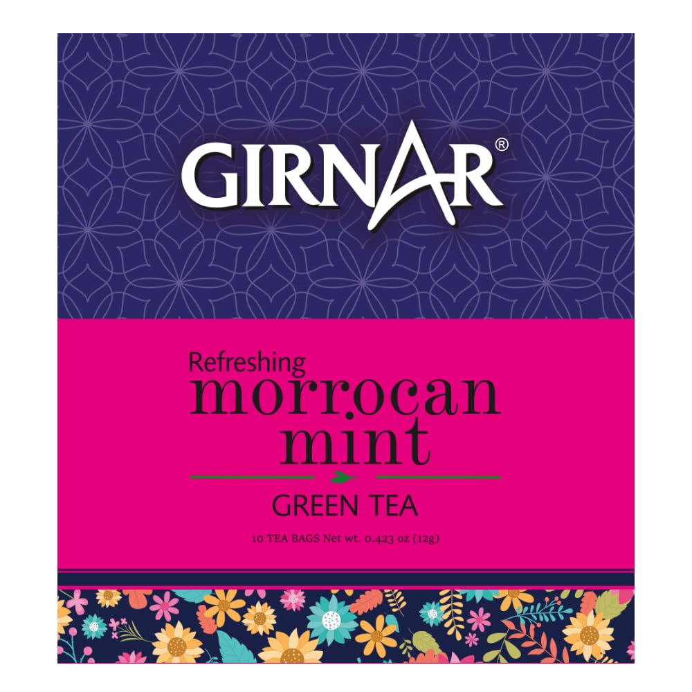 Girnar Refreshing Morrocan Mint Green Tea - 12gm, 0.4 Ounce, 10 Tea Bags | ?No Artificial Colors, No Artificial Flavor, No Preservatives - Caffeine Free Green Tea