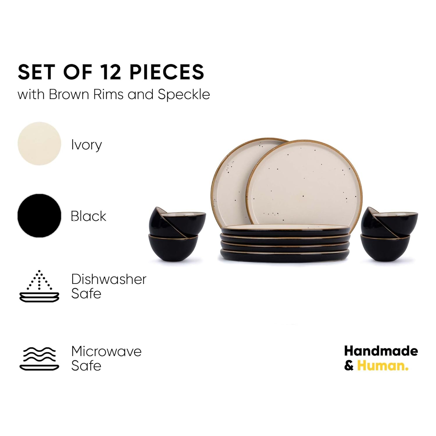 Ceramic Dinner Set Of 12 Pcs, Black Ivory | Crockery Set For Dining Table - Dining Sets Crockery Items | Glossy Finish Premium Stoneware | 6 Dinner Plates + 6 Veg Small Bowls, 180ml Each