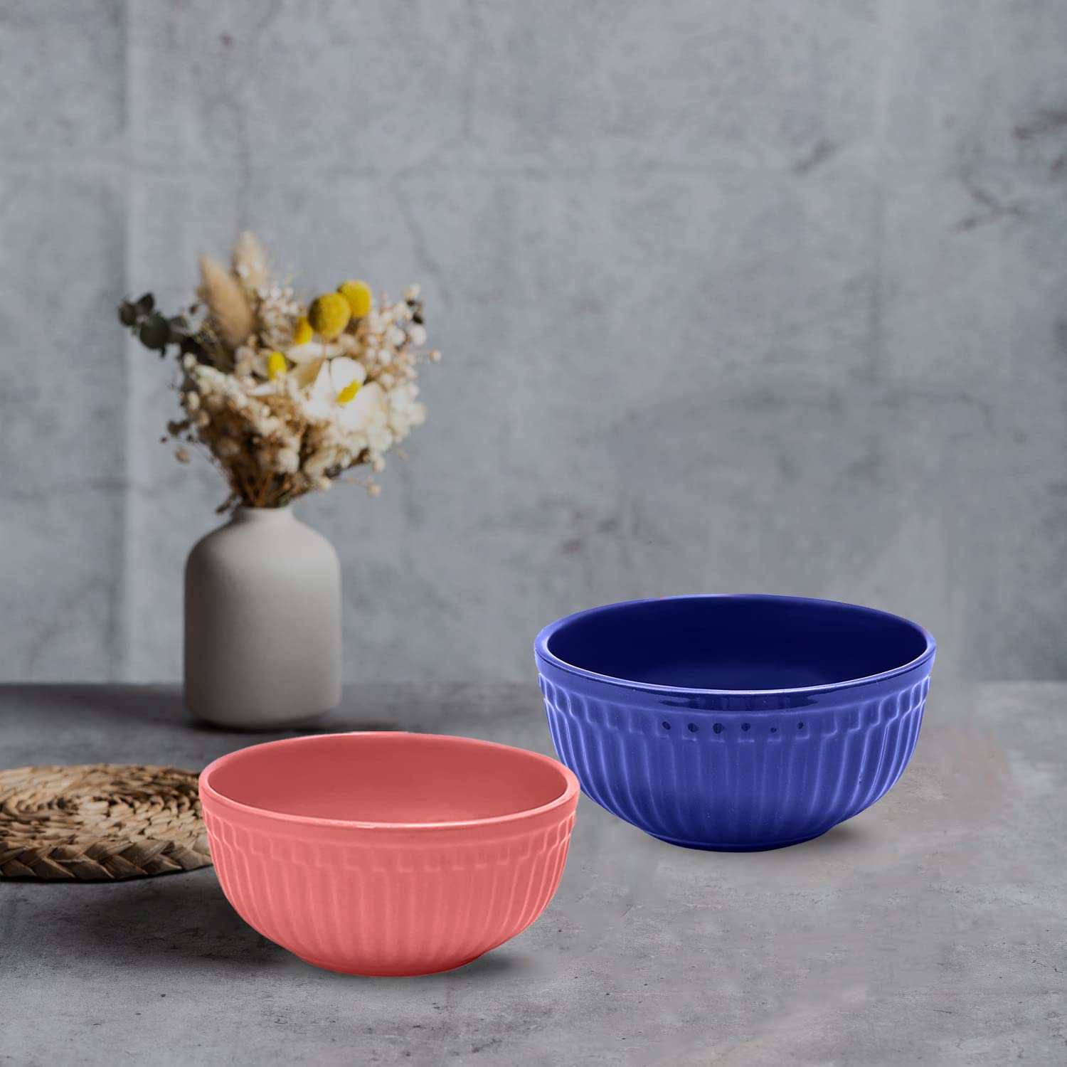 Ceramic “Strip” Handcrafted Multipurpose Serving Bowl Katoris Set Of 2 - 450ml Each, Blue & Pink | Cereal Bowl, Soup Bowl, Salad Bowl - Dishwasher & Microwave Safe