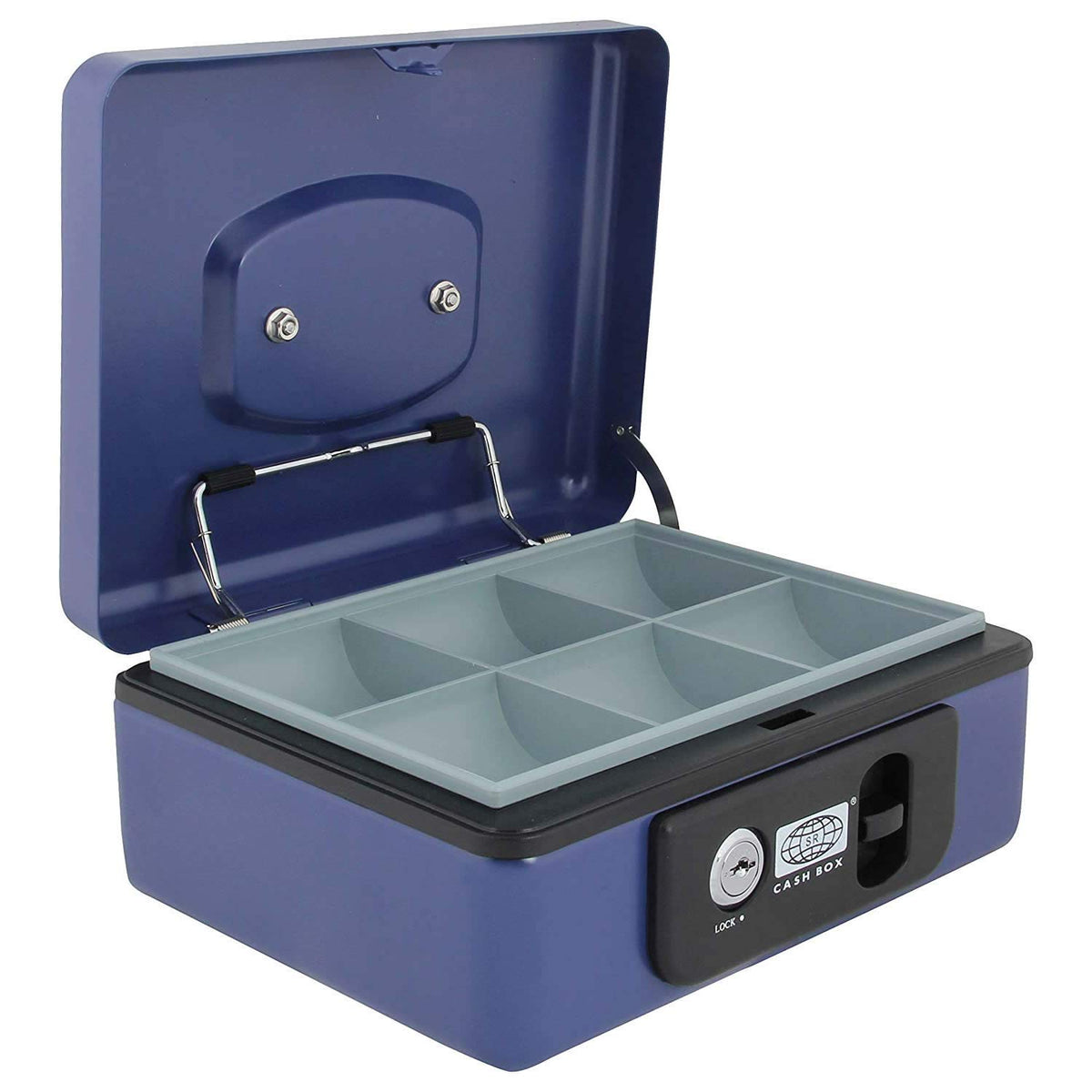 Imported Metal Cash Box With Dual Combination & Password Lock Medium Size Money Box For Cash, Jewellery Safe Locker With Removable Plastic Coin Tray, Colour - Blue, Material - Metal