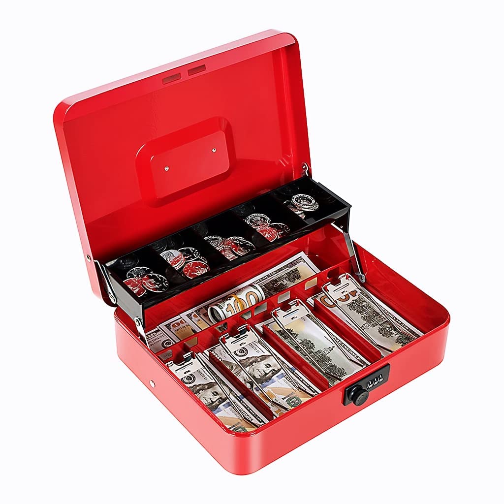 Money Box With Combination Lock, Metal Cash Box With Money Tray, Cash Register, 5 Compartments Cantilever Tray & 4 Spring - Loaded Clips For Bills,11.81"X 9.45"X 3.54" Colour - Red