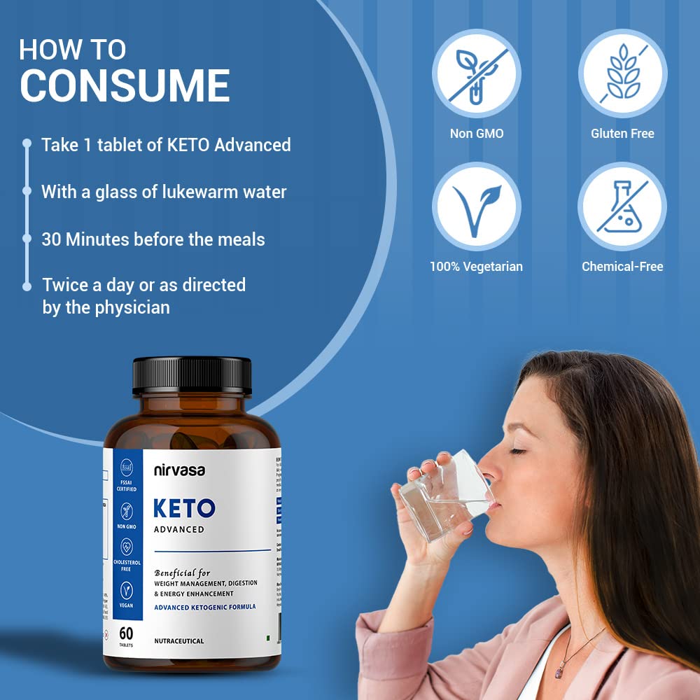 Nirvasa Keto Advanced Tablets For Men & Women With Garcinia Cambogia & Green Coffee Extract Gluten - Free Keto Tablets For Weight Management, Elevating Energy | 60 Tablets 100gm 0.2lbs