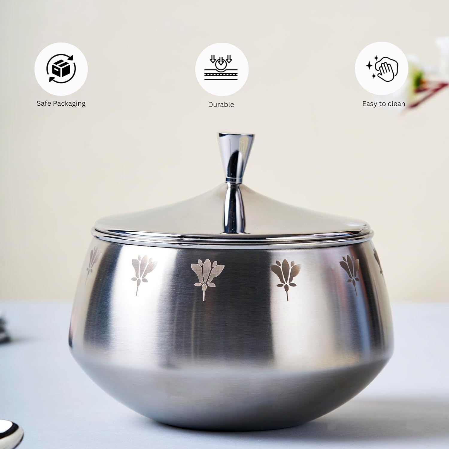 Stainless Steel Double-Walled Serving Bowl With Lid - Zenith Series | Floral Pattern Serving Pot - Small Dining Table Bowl | Curry, Rice, Sabzi Serving Bowl - Serve Ware, Dinnerware & Tableware