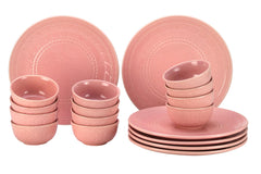 Handcrafted Ceramic Embossed Dinner Set Of 18 Pcs - Light Pink | 6 Dinner Plates + 12 Small Dinner Bowl, 180ml Each - Microwave & Dishwasher Safe | Crockery Set For Dining & Gifting