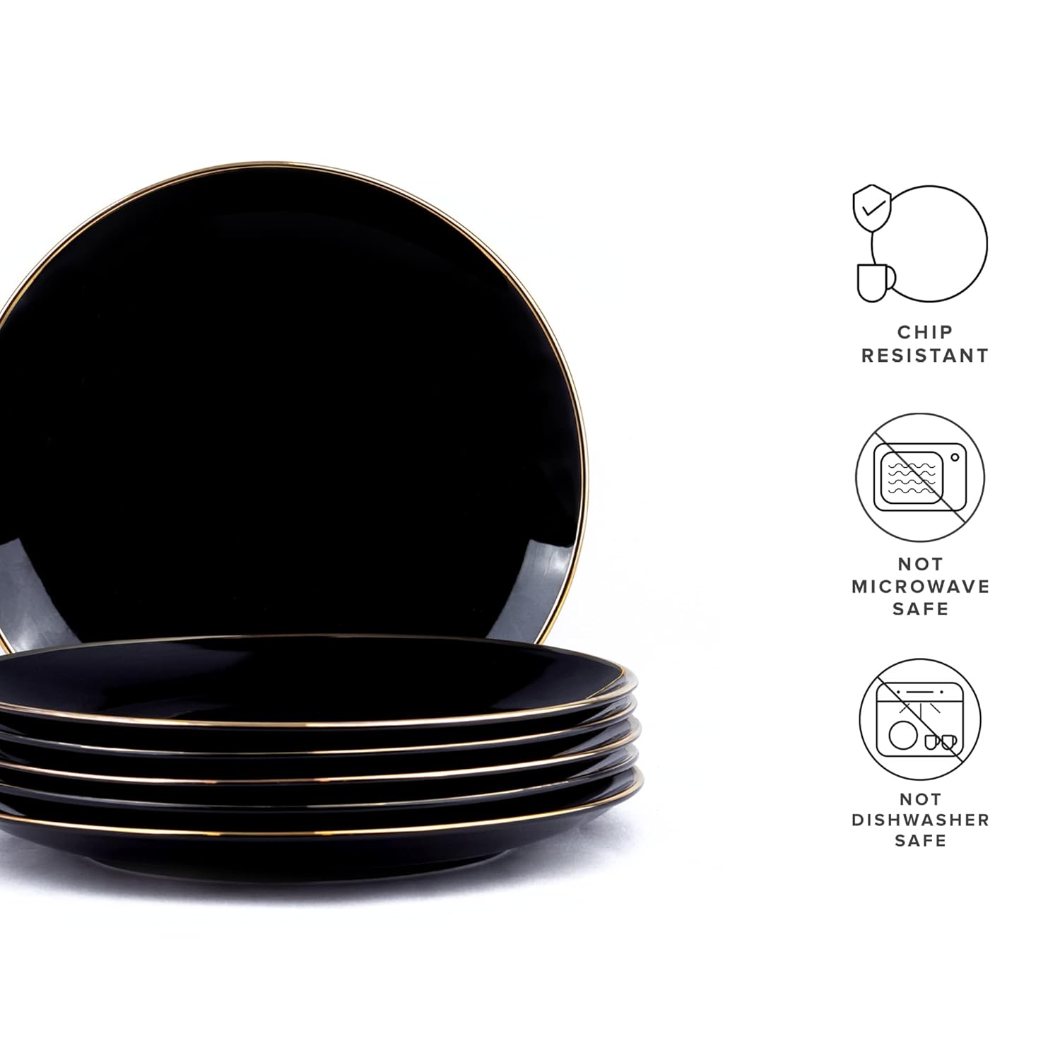Ceramic Dinner Plates Set Of 6 Pieces - Black Gold, Gold Line Series | Ceramic Plates Set With Glossy Finish - Ceramic Dinner Plates | Set Of 6 Plates For Dinner