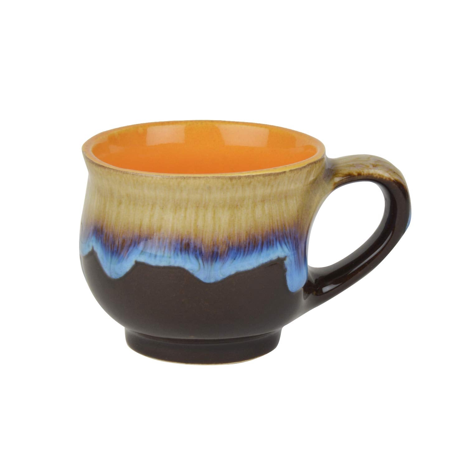 Studio Pottery Ceramic Flow Design Glazed Tea Cups Set Of 6 - Brown & Multicolor, 100ml Each | Chai Cups - Coffee Mug Set - Tea Cup Set