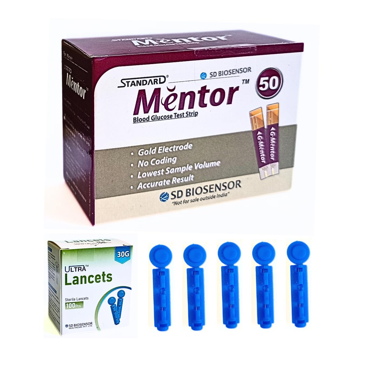 Standard Mentor Blood Glucose Test Strips 50 With 100 Round Lancet - Glucometer Strips