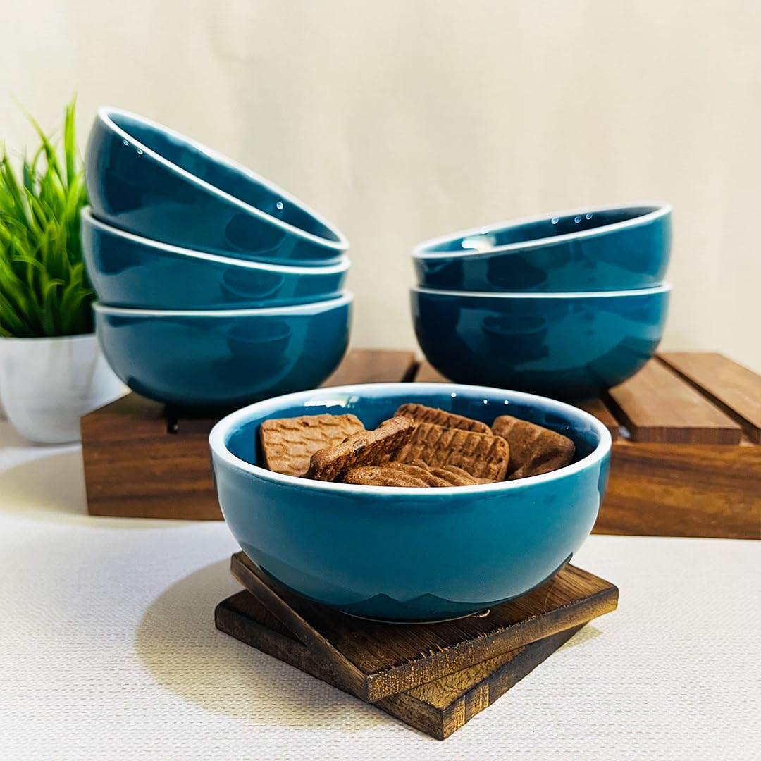 Retro Green Handcrafted Ceramic Dinner Set - 12 Pieces | 6 Dinner Plates + 6 Katori Bowls, 180ml Each Dinnerware Set | Serving For 6, Microwave Safe & Dishwasher Safe