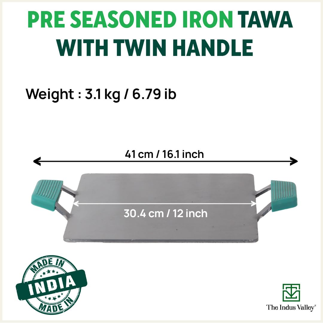 Pre-Seasoned Black Square Iron Tawa With Twin Handle & Silicon Grip - 30.4 Cm, 12 Inch, 3.1 Kg | Induction Friendly, Pre-Seasoned Tawa, 100% Pure & Toxin-Free, No Chemical Coating