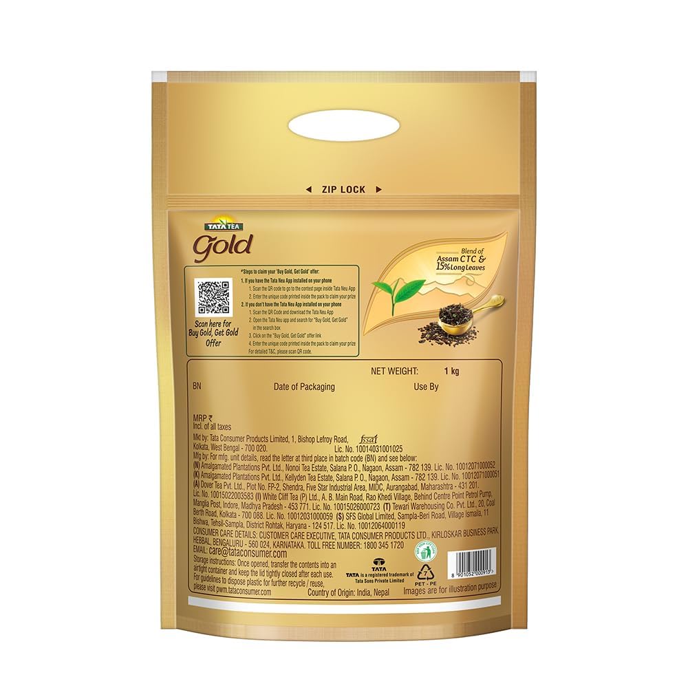 Tata Tea Gold Premium Assam Masala Tea - 1 Kg, 35.2 Ounce | Gently Rolled Aromatic Long Loose Leaves - Rich & Aromatic Chai Black Tea