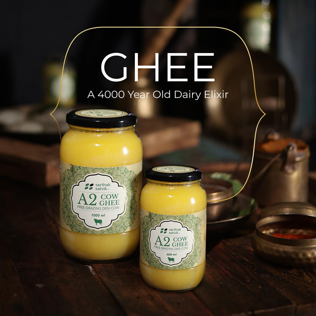 100% Natural A2 Cow Ghee Desi By Sarthak Satvik | Nutrient Rich Ghee Made With Traditional Binola Method Good For Body Health | 1 Litre (500ml * 2) 33.8 Ounce | Jar Pack