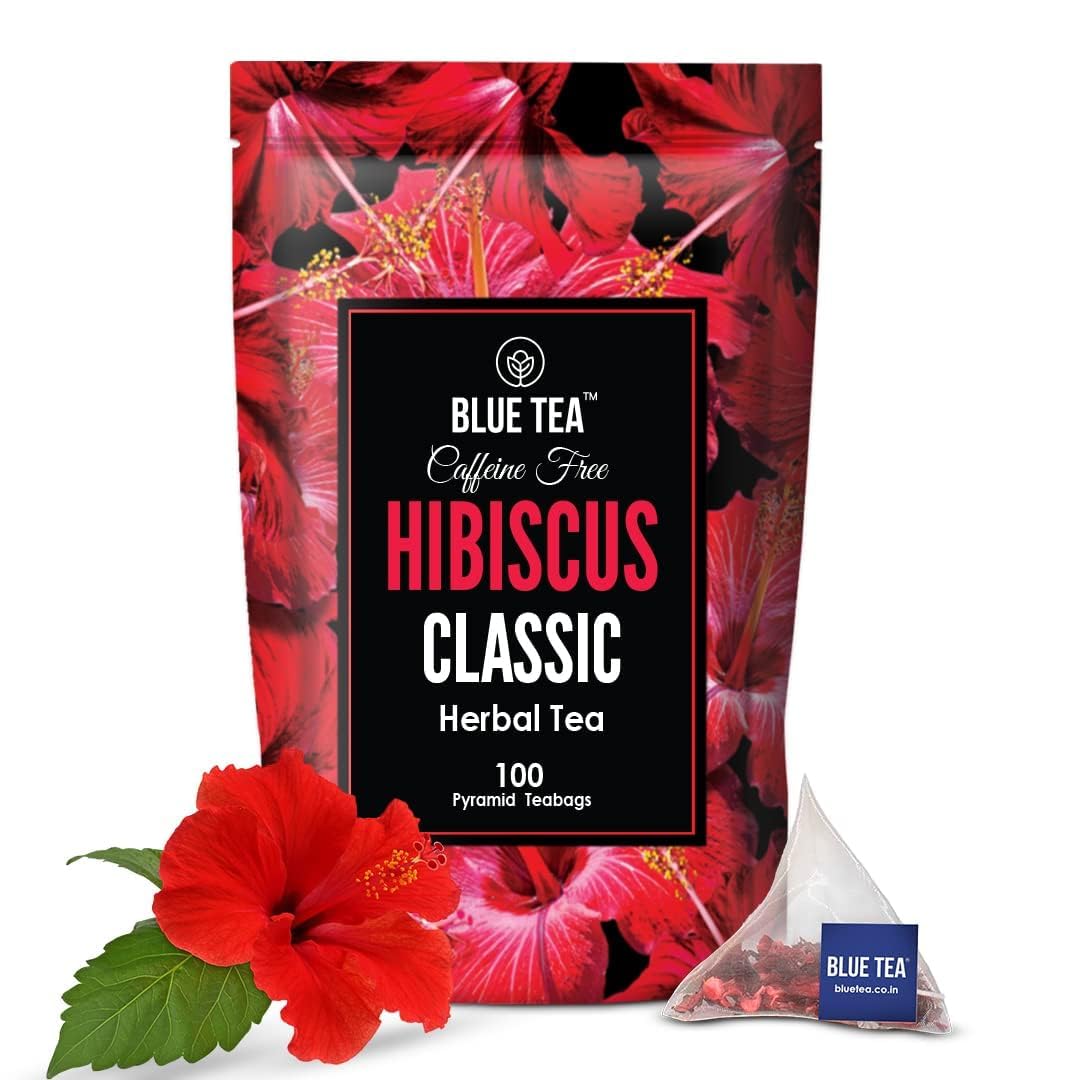 Blue Tea Caffeine Free Hibiscus Classic Herbal Tea - 100 Pyramid Tea Bags | Skin Glow Enhancing Tea - Gluten Free, Non GMO | Plant Based Tangy Taste - Zip Lock Pouch