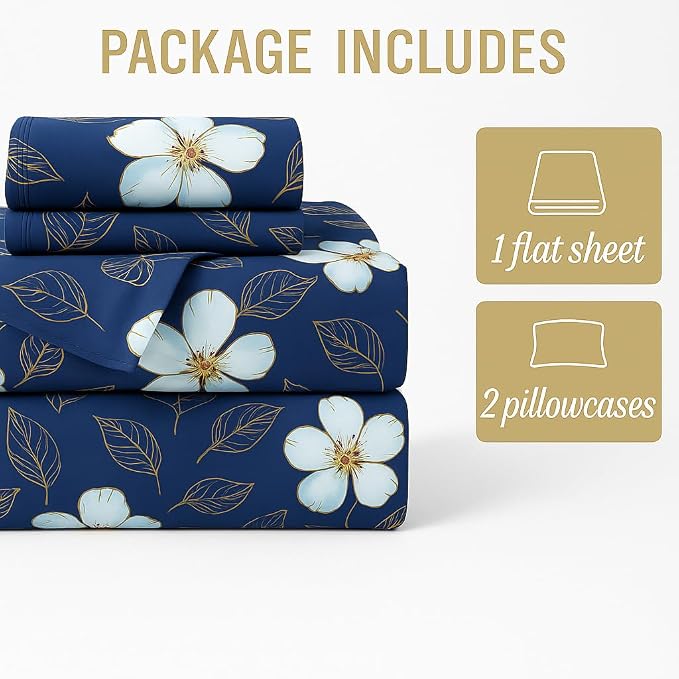 Printed Double Bed Bedsheet Set Includes 2 Pillow Covers Ultra-Soft Microfiber | 90 X 100 Inches, Blue - Breathable & Wrinkle-Free