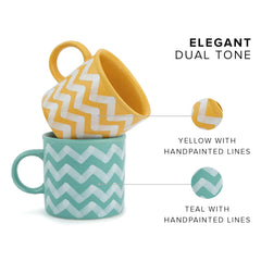 Large Ceramic Coffee Mug Set Of 2 - Yellow & Sea Green, 350ml Each | Ceramic Mountain Mug, Tea Mug With Matte Finish - Mug For Coffee | Ceramic Coffee Mug - Microwave Safe & Dishwasher Safe