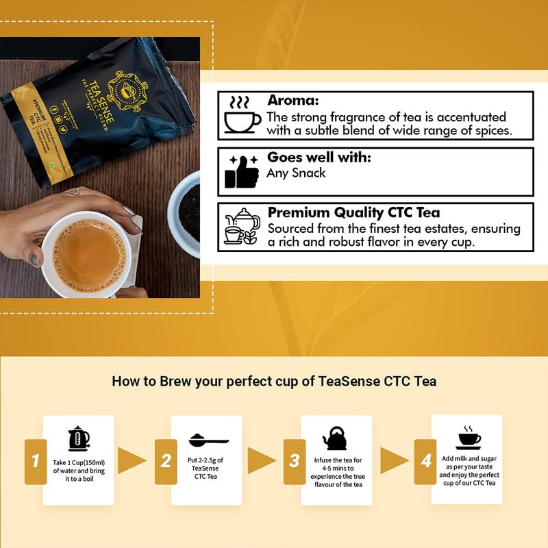 Tea Sense Premium CTC Tea - Pack Of 2 X 200gm, 7.05 Ounce Each | Assam Chai With Darjeeling Whole Leaves - Rich Flavor & Strong Chai Patti, High Caffeine | The Perfect Blend Loose Leaves