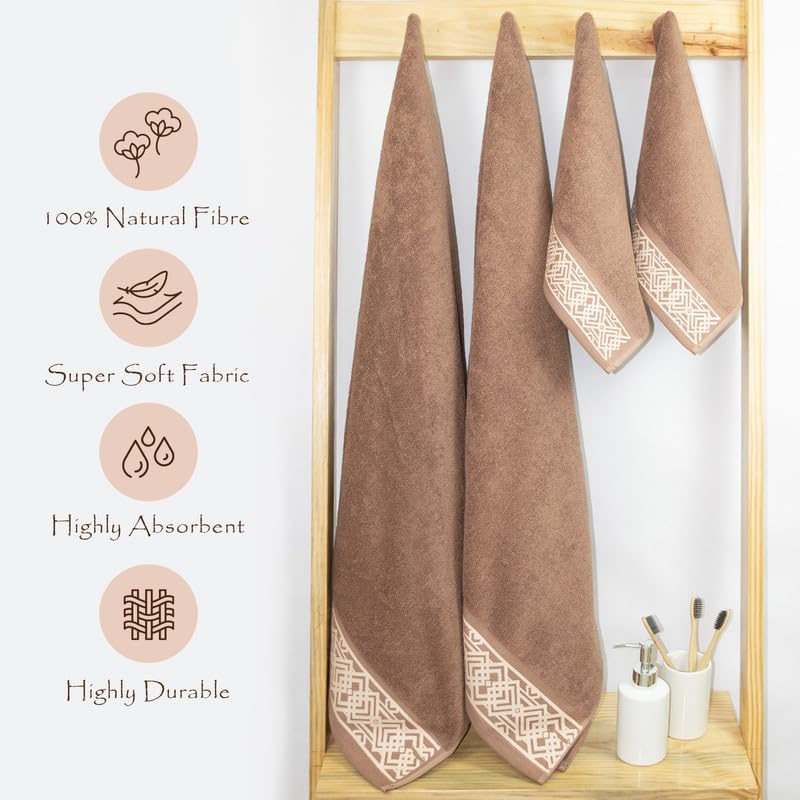 Rangoli 100% Cotton Fibre 2 Hand & 2 Bath Towel 1400 Gsm | Highly Durable & Absorbent Towel | Skin-Friendly & Quick Drying Luxury Towels (Golden Brown) - Pack Of 4
