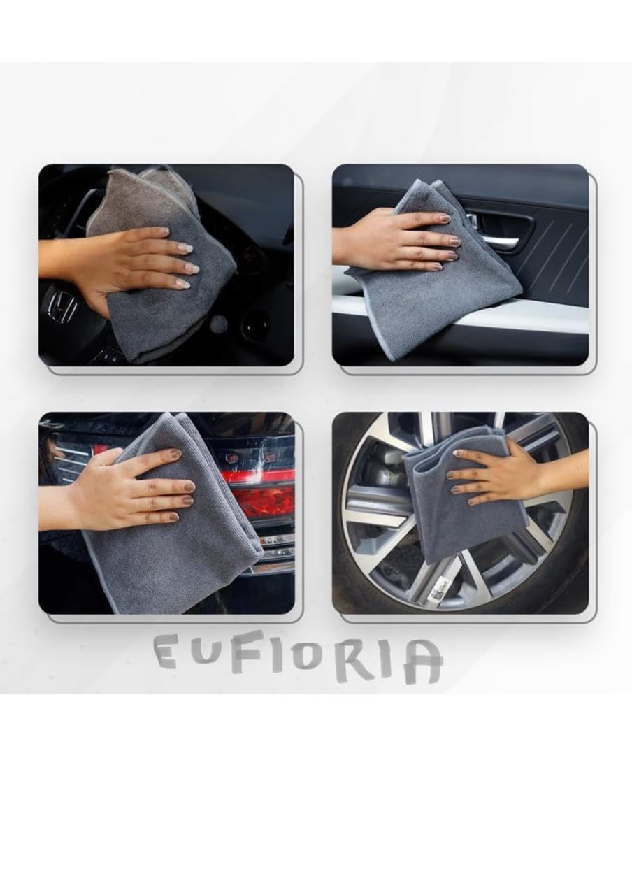 Eufloria Microfiber Cloth 400 Gsm | Thick Lint & Streak-Free Multipurpose Cloths Automotive Microfibre For Car Cleaning, Polishing Washing & Detailing (Pack Of 4) -Grey