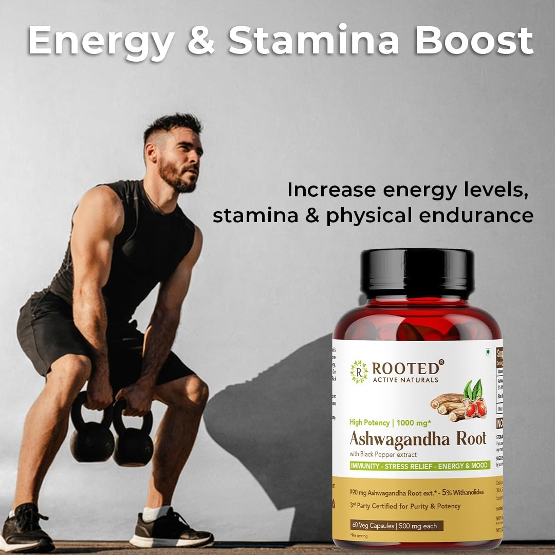 Rooted Ashwagandha Root Capsules 5% Withanolides, Pure Extract, Supports Stress, Anxiety Relief, Energy & Immunity 500mg | 60 Veg Tablets 100gm 0.2lbs