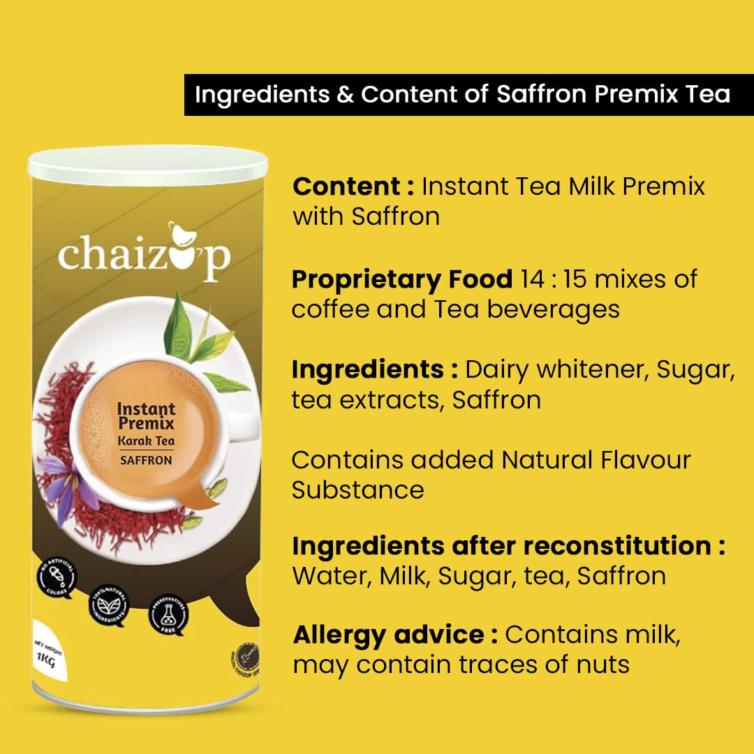 Chaizup Premium 1 Min Instant Saffron Tea Premix - 1 Kg Can, 35.2 Ounce | Instant Kesar Chai Powder - Just Add Hot Water | Low Caffeine