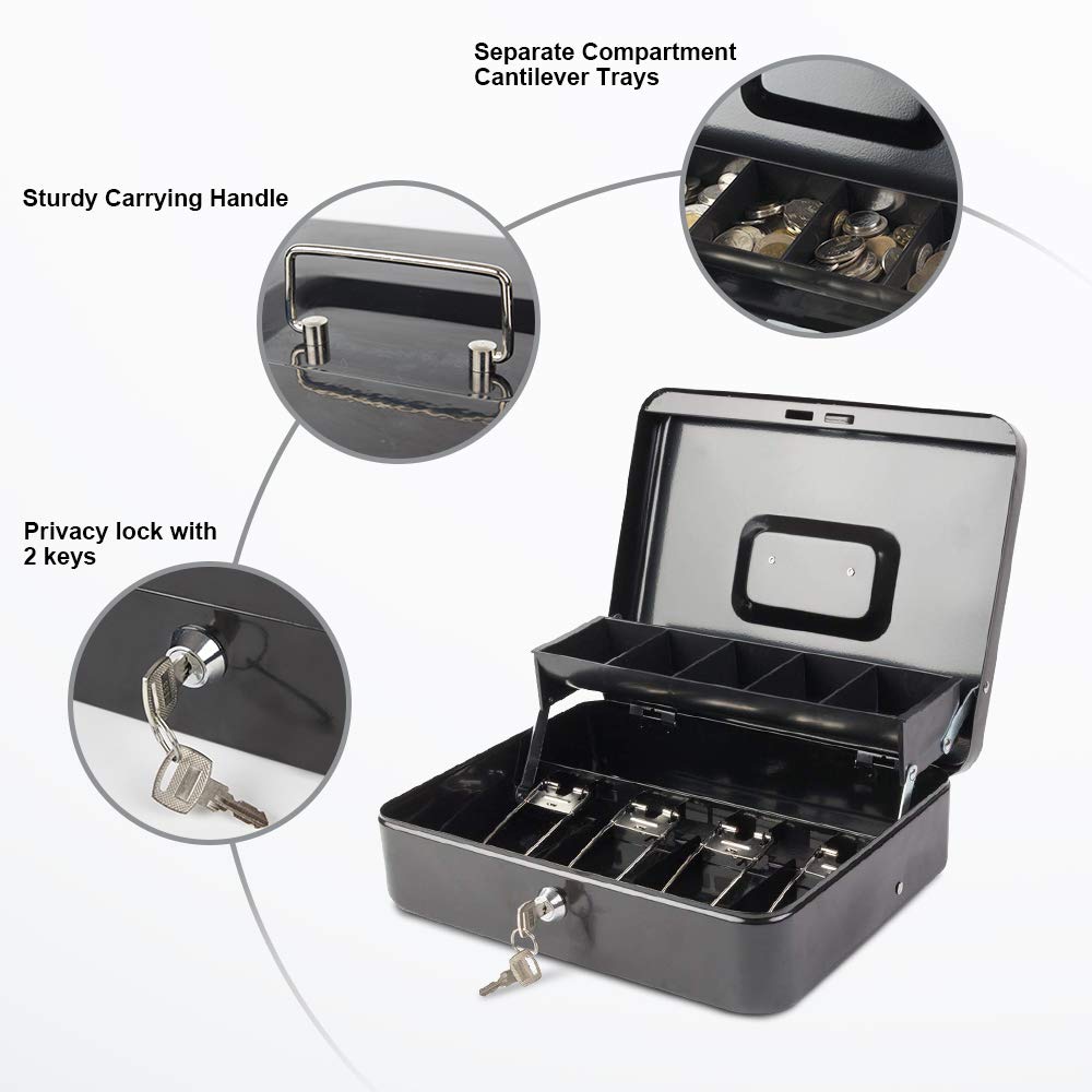 Locking Cash Box With Lock, Money Box With Cash Tray, Lock Safe Box With Key, Money Saving Organizer,11.81lx 9.45 Wx 3.54h Inches, Colour - Black Xl Large