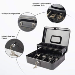 Locking Cash Box With Lock, Money Box With Cash Tray, Lock Safe Box With Key, Money Saving Organizer,11.81lx 9.45 Wx 3.54h Inches, Colour - Black Xl Large