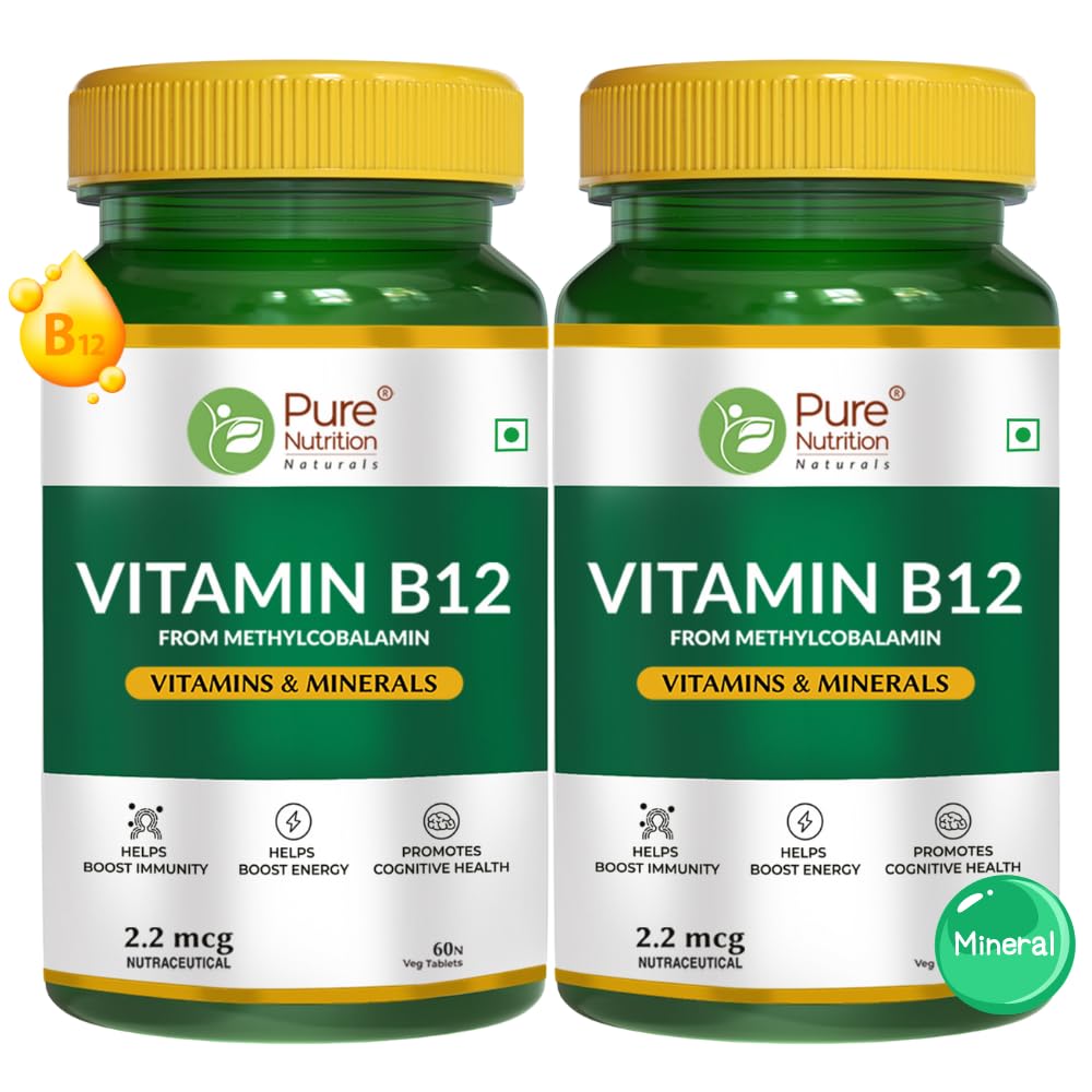 Pure Nutrition Vitamin B12 , Active Form Of Methylcobalamin | For Men & Women , Helps Boost Immunity & Energy , Promotes Brain & Nerve Health | 60 Veg Tablets , 100gm 0.2lbs , Each Pack Of 2