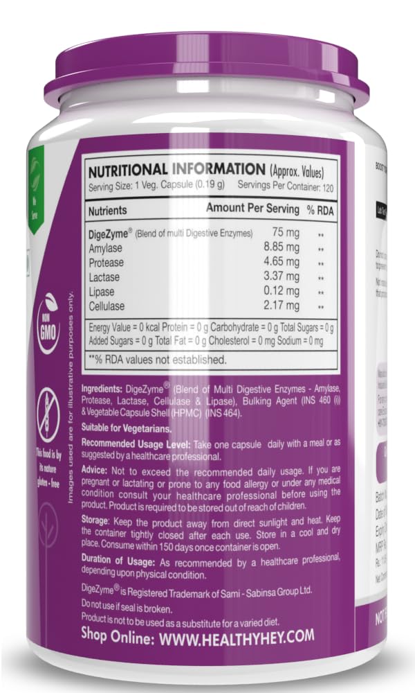 Healthy Hey Nutrition Digestive Enzymes Amylase, Lipase, Protease, Multi Enzyme Complex Tablet | 120 Vegetable Capsules, 200gm 0.4lbs
