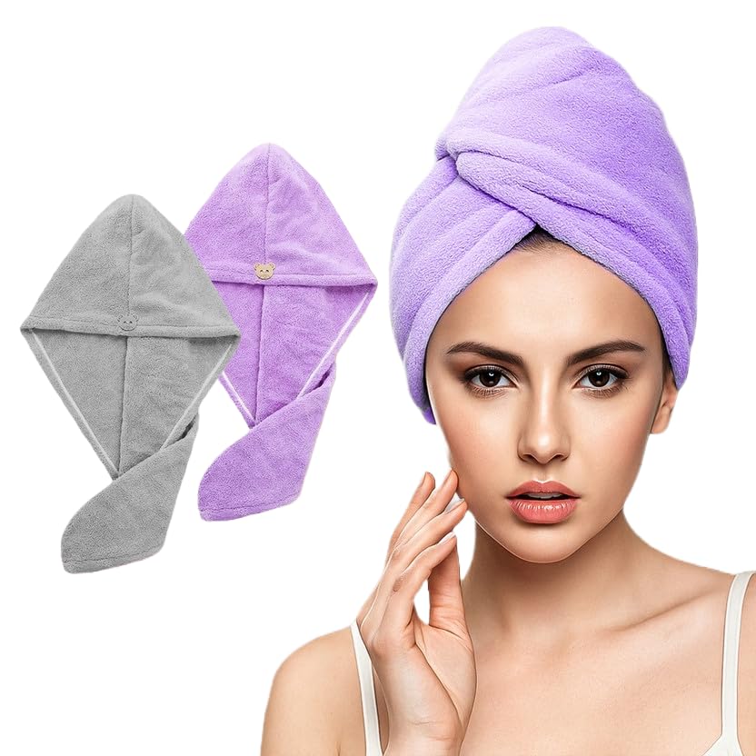 Fezora Hair Towel Wrap For Women (Pack Of 2) | Quick-Dry Microfiber Hair Turban With Elastic Loop | Super Absorbent Hair Drying Towel For Ladies & Girls (Grey & Purple)