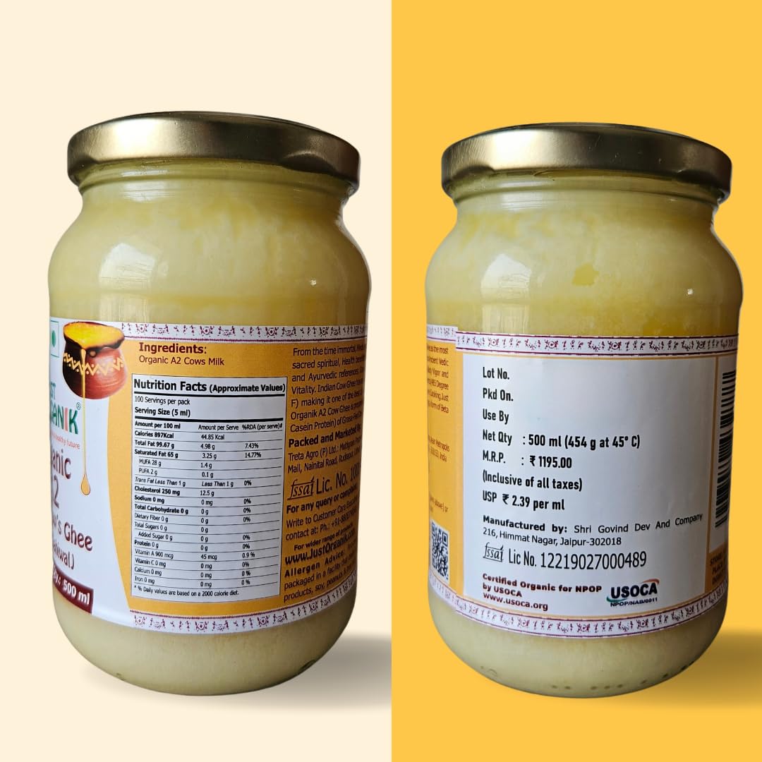 Natural Premium Cow'S Desi Gir Sahiwal Ghee By Just Organik | Rich In Nutrients Flavor Sahiwal Cow Ghee For Digestive Health | (500ml) 16.9 Ounce | Jar Pack