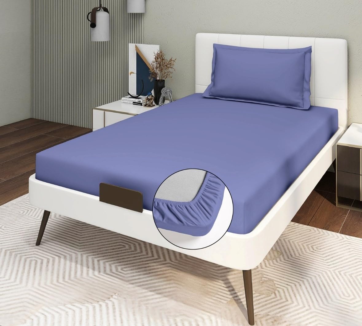Glace Cotton Super Soft Bedsheets Single Bed Size (72 X 48 X 8 Inch) With 1 Pillow Cover | All Around Elastic Fitted Bedsheets, Navy Blue