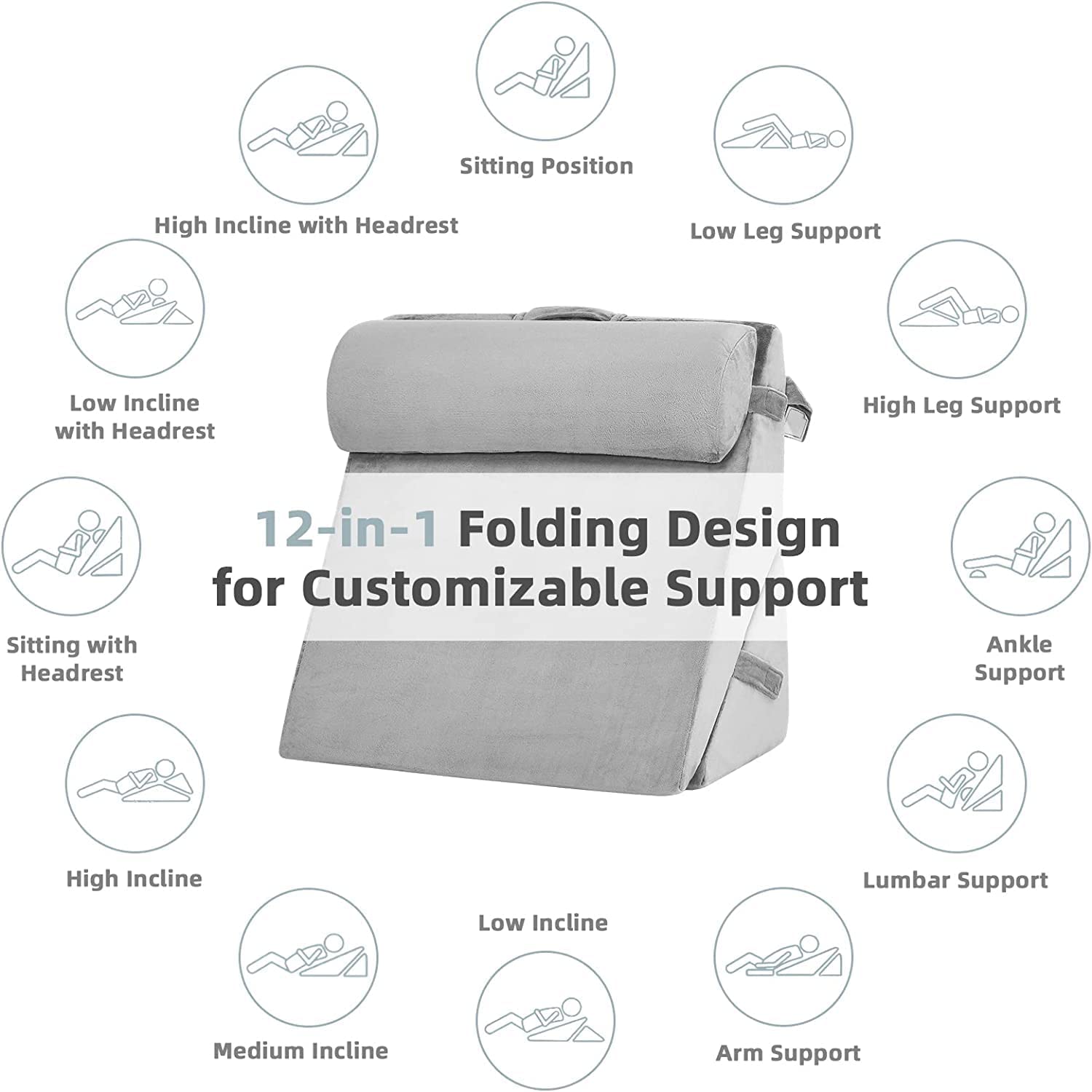 Orthopedic Bed Wedge Pillow, Adjustable Wedge Cushion, Grey - 22 X 22 X 12 Inch | Head Rest Pillow, Acid Reflux, Heartburn, Leg Support Pillow, Back Support, Pregnancy Pillow, Comfortable