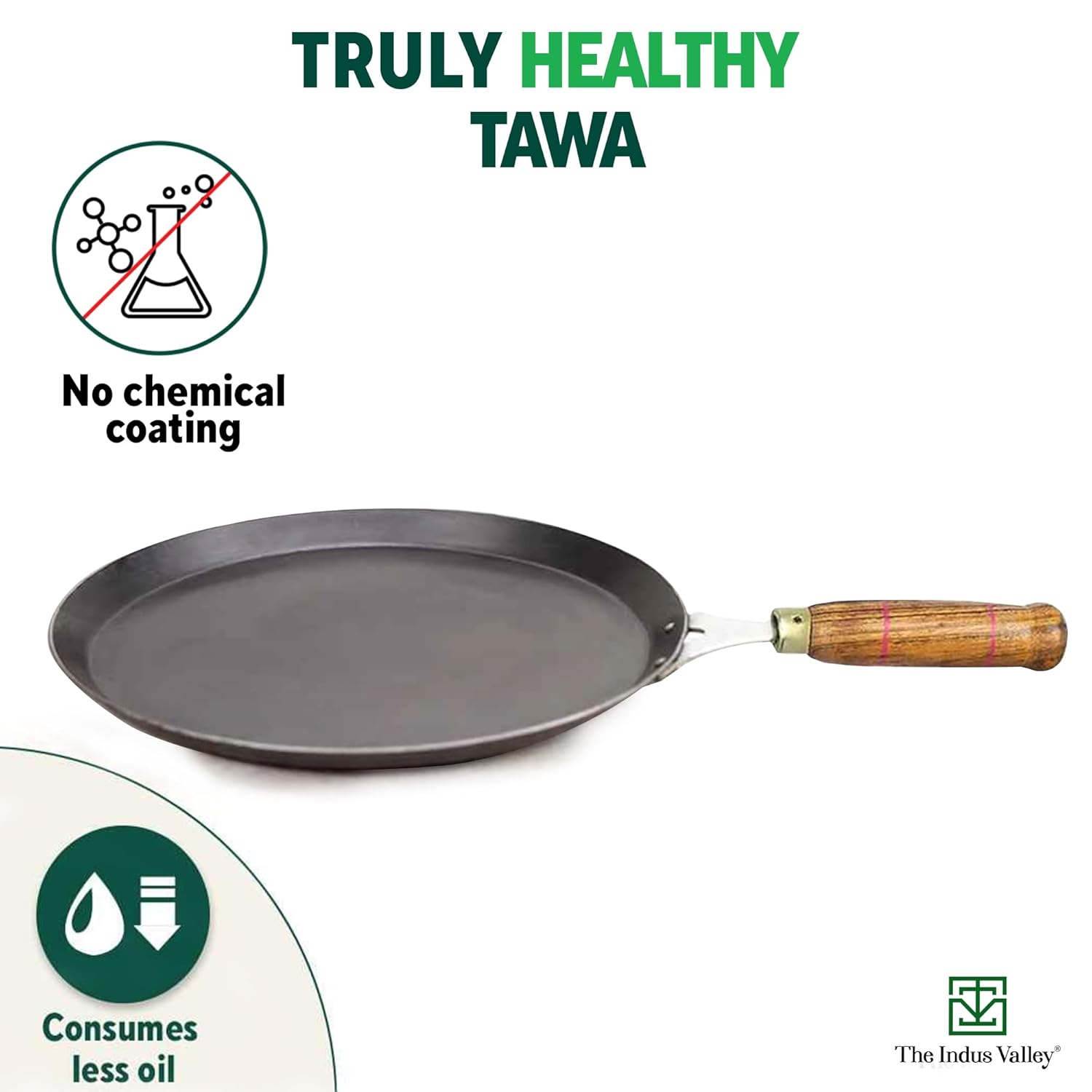 Pre-Seasoned Black Iron Tawa For Dosa, Chapathi With Wooden Handle - 26cm, 10.2 Inch, 1.02 Kg | Induction Friendly, 100% Pure & Toxin-Free, No Chemical Coating