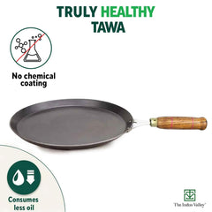 Pre-Seasoned Black Iron Tawa For Dosa, Chapathi With Wooden Handle - 26cm, 10.2 Inch, 1.02 Kg | Induction Friendly, 100% Pure & Toxin-Free, No Chemical Coating