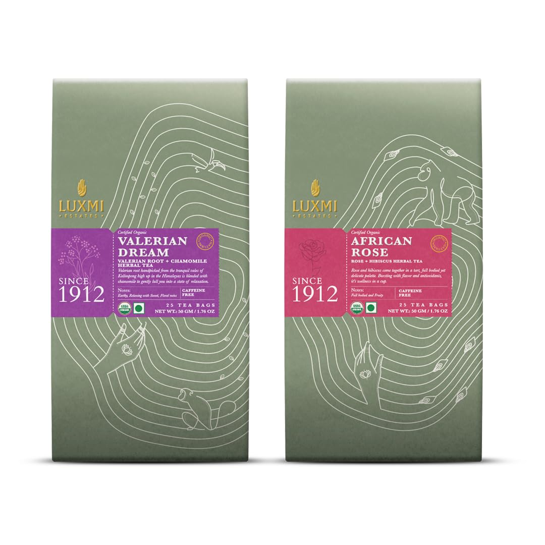 Luxmi Estates Valerian Dream + African Rose Herbal Tea Pack Of 2 - 50gm, 1.7 Ounce, 25 Tea Bags In Each | USDA Certified Organic Tea - Caffeine Free Herbal Tea Bags | Stress Relief & Bedtime Comfort