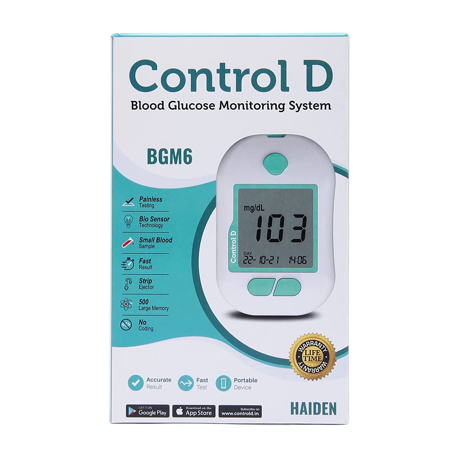 Control D Advanced Digital Glucose Blood Sugar Testing Monitor With 50 Strips Of Glucometer - White, Green