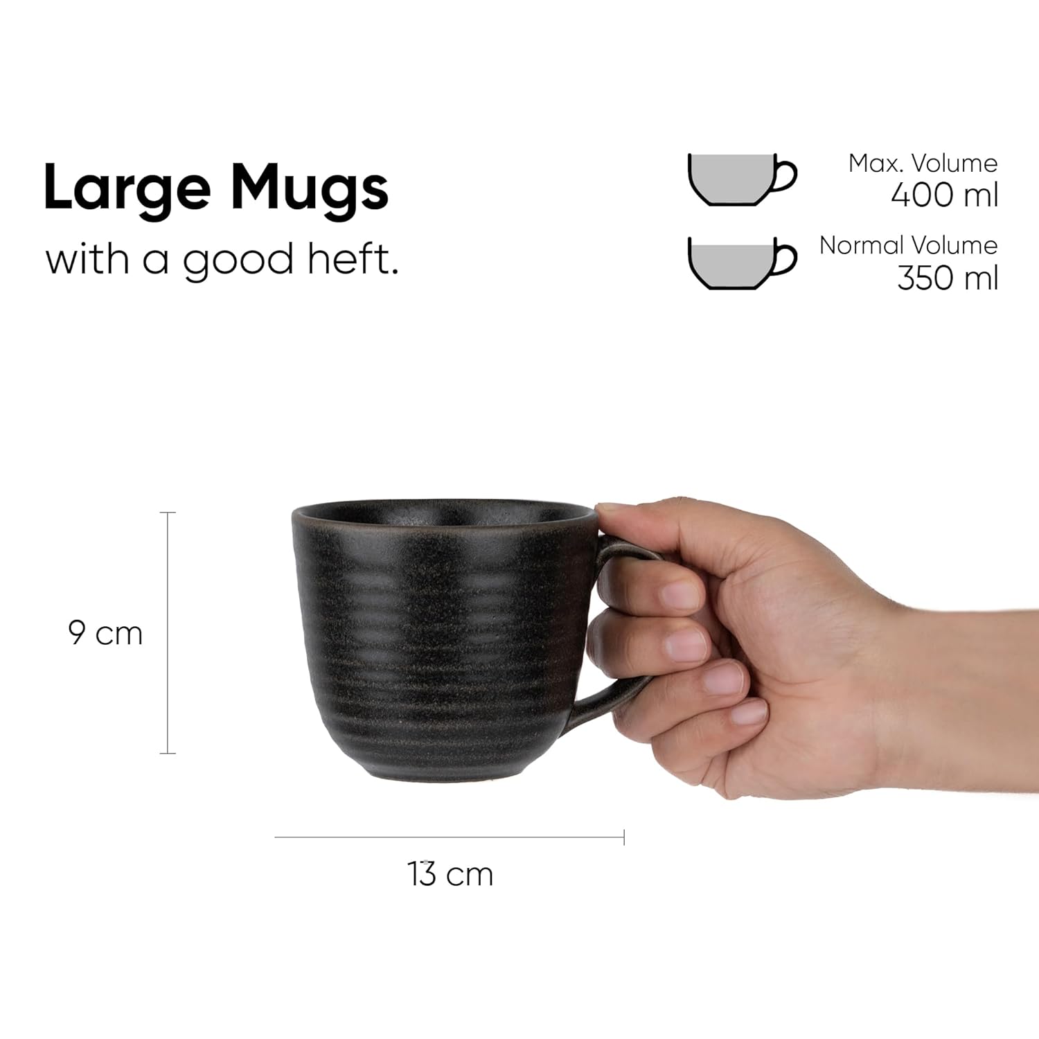 Large Ceramic Coffee Mug Set Of 2 - Reactive Black, 400ml Each | Ceramic Ribbed Mug With Glossy Finish - Mug For Coffee | Ceramic Coffee Mug - Coffee Cup | Microwave Safe & Dishwasher Safe