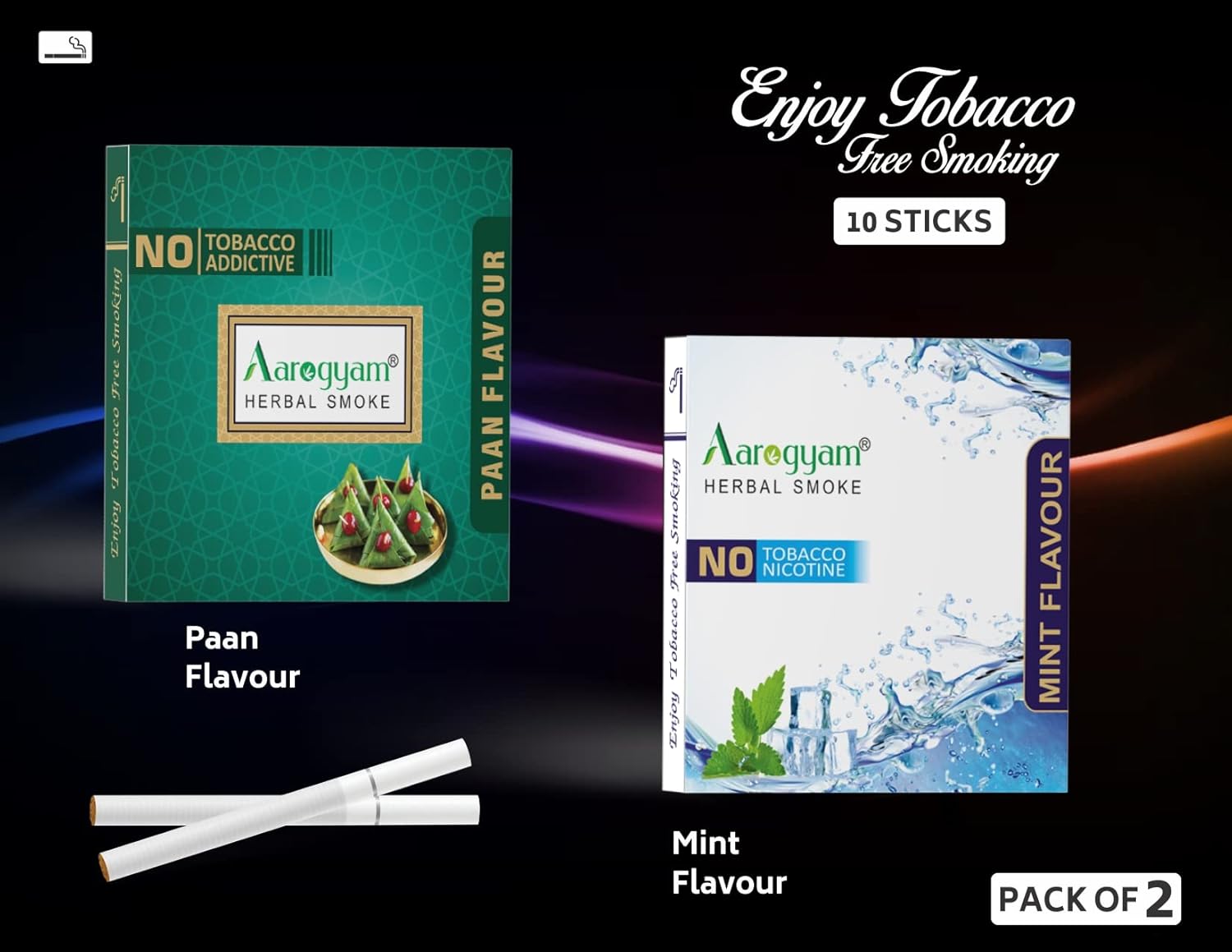 Aarogyam Herbals Pack Of 2 Flavours 100% Tobacco & Nicotine Free Cigarette For Relieve Stress & Mood Enhance Product Mint, Paan - 10 Sticks X 2 Packets