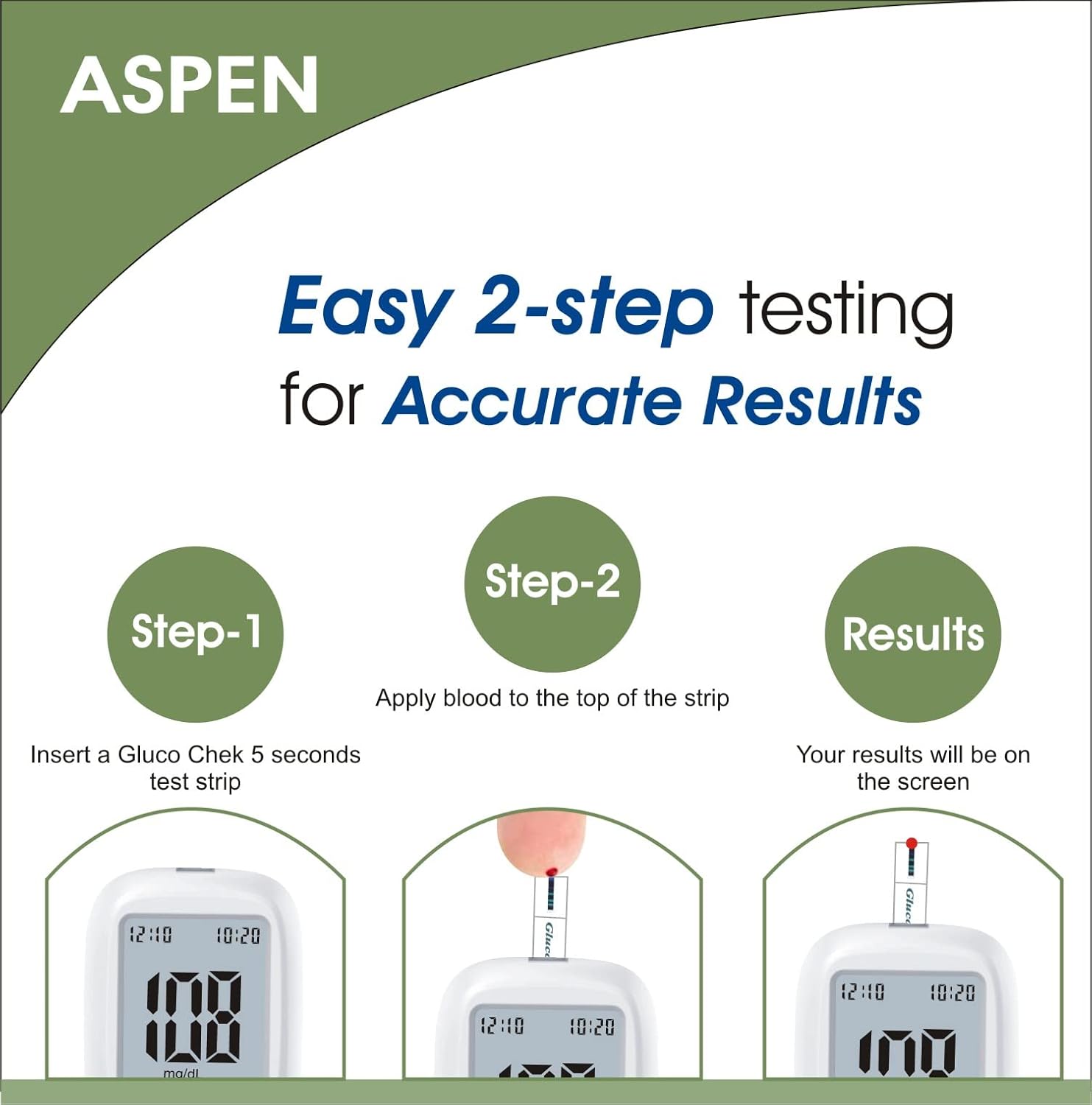 Aspen Gluco Chek 5 Sec. Blood Glucose Glucometer Test Strips - 100 Strips (Only Strips, No Glucometer)