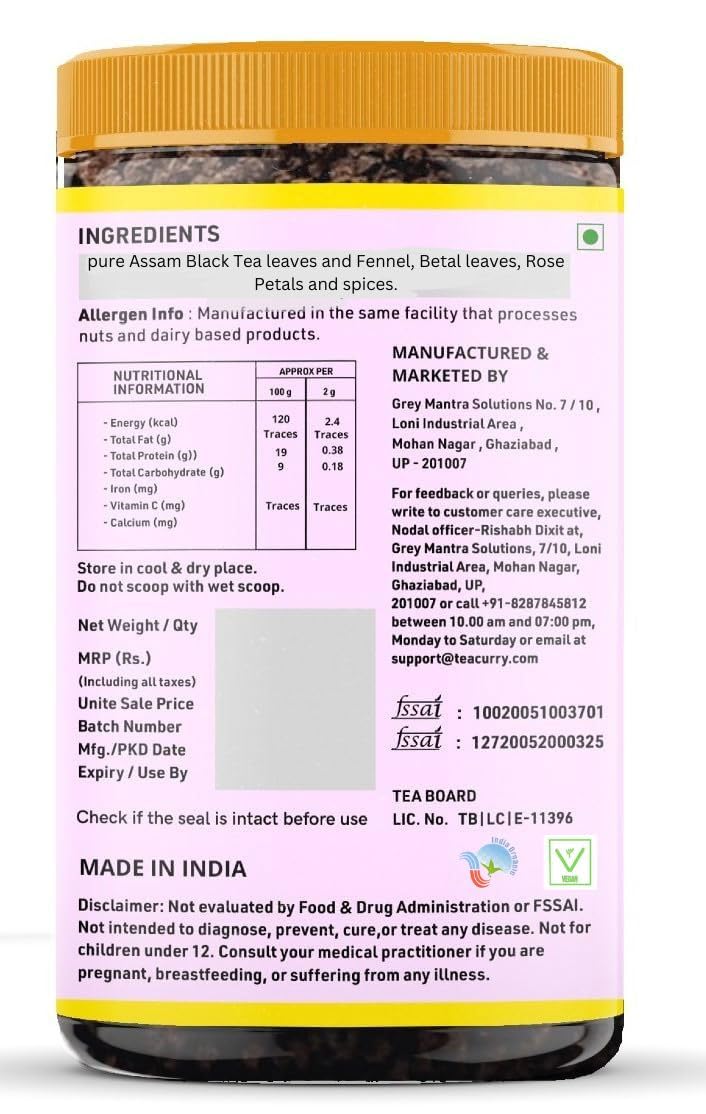 Teacurry Original & Premium Kadak Paan Chai - 100gm, 3.5 Ounce, 50 Cups | 100% Natural Flavored Tea With Real Fennel, Rose, Betel Leaves, Cardamom - Low Caffeine