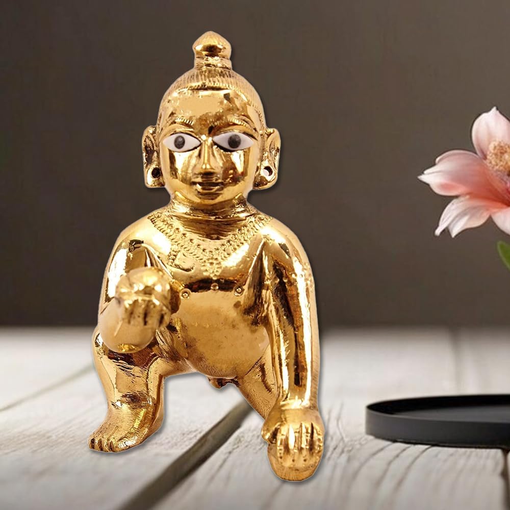 Laddoo Gopal God Idol, Bal Krishna, Kanha Ji Statue, Gold, Brass - Size No.1, 2, Antique Style, Occasion, Made In India, Home Décor, 1 Laddu Gopal Statue