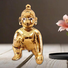 Laddu Gopal God Idol, Thakur Ji, Bal Gopal Ji Statue, Gold, Brass, Size - No. 2, Petal Murti, Gift Item, All Occasion, Made In India, God Idol