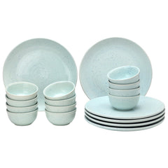 Handcrafted Ceramic Stoneware Dinner Set - Pack Of 18 Pcs, Mint Green | 6 Dinner Plates, 10.6 Inch Each + 12 Salad Bowl, 180ml Each - Microwave & Dishwasher Safe