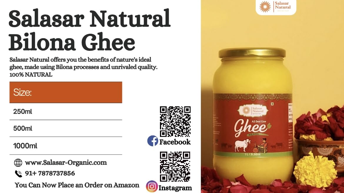 100% Pure A2 Bilona Desi Cow Ghee By Salasar Organic | Bilona Method Curd-Churned Pure Desi Ghee Good For Cooking | (250ml) 8.4 Ounce | Jar Pack