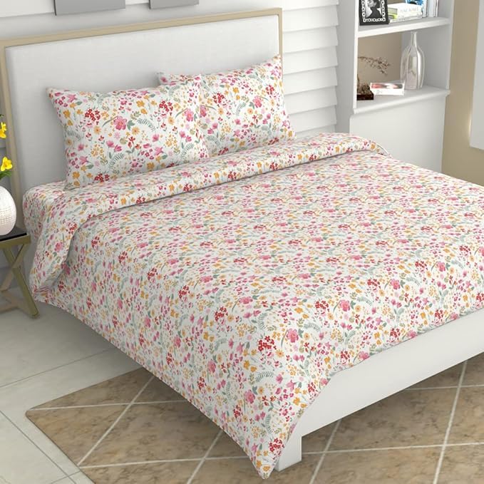 Pure Cotton Queen Size Bedsheet With 2 Matching Pillow Covers - 90 X 100 Inches, Multicolor | Easy Care & Long-Lasting Fabric