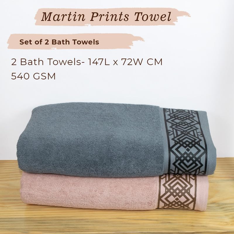 Rangoli 100% Cotton Fibre Bath Towel 1200 Gsm | Highly Durable & Absorbent Towel | Skin-Friendly & Quick Drying Luxury Towels (Peach & Grey) - Pack Of 2