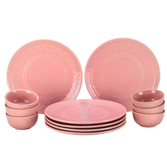 Handcrafted Stoneware Embossed Dinner Set Of 6 - Ceramic Pack Of 12 Pcs, Light Pink | 4 Dinner Plates + 4 Bowl Or Katori, 180ml Each - Microwave & Dishwasher Safe | Serving For 6