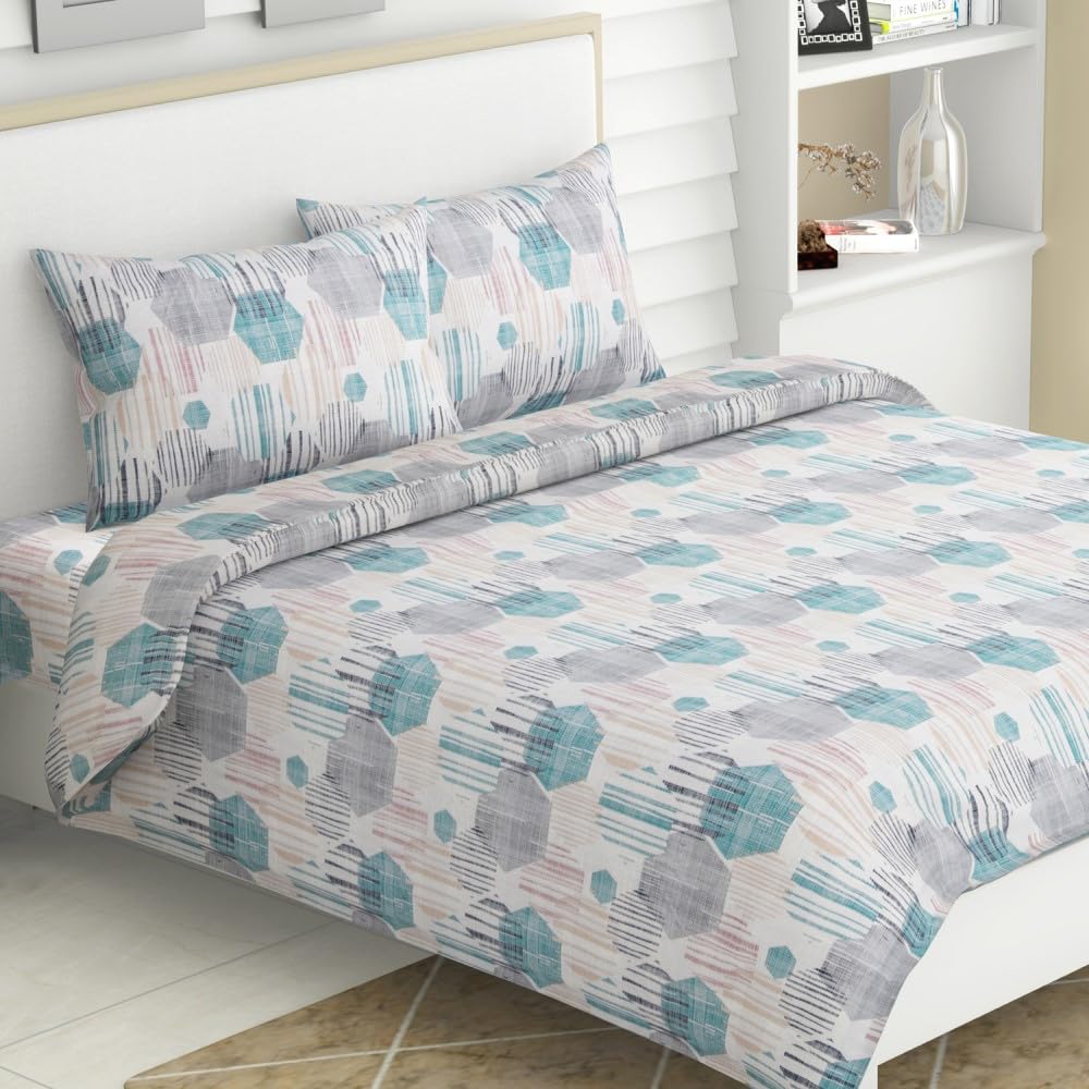Pure Cotton Queen Size Bedsheet With 2 Matching Pillow Covers - 90 X 100 Inches, Grey & Pink | Easy Care & Long-Lasting Fabric