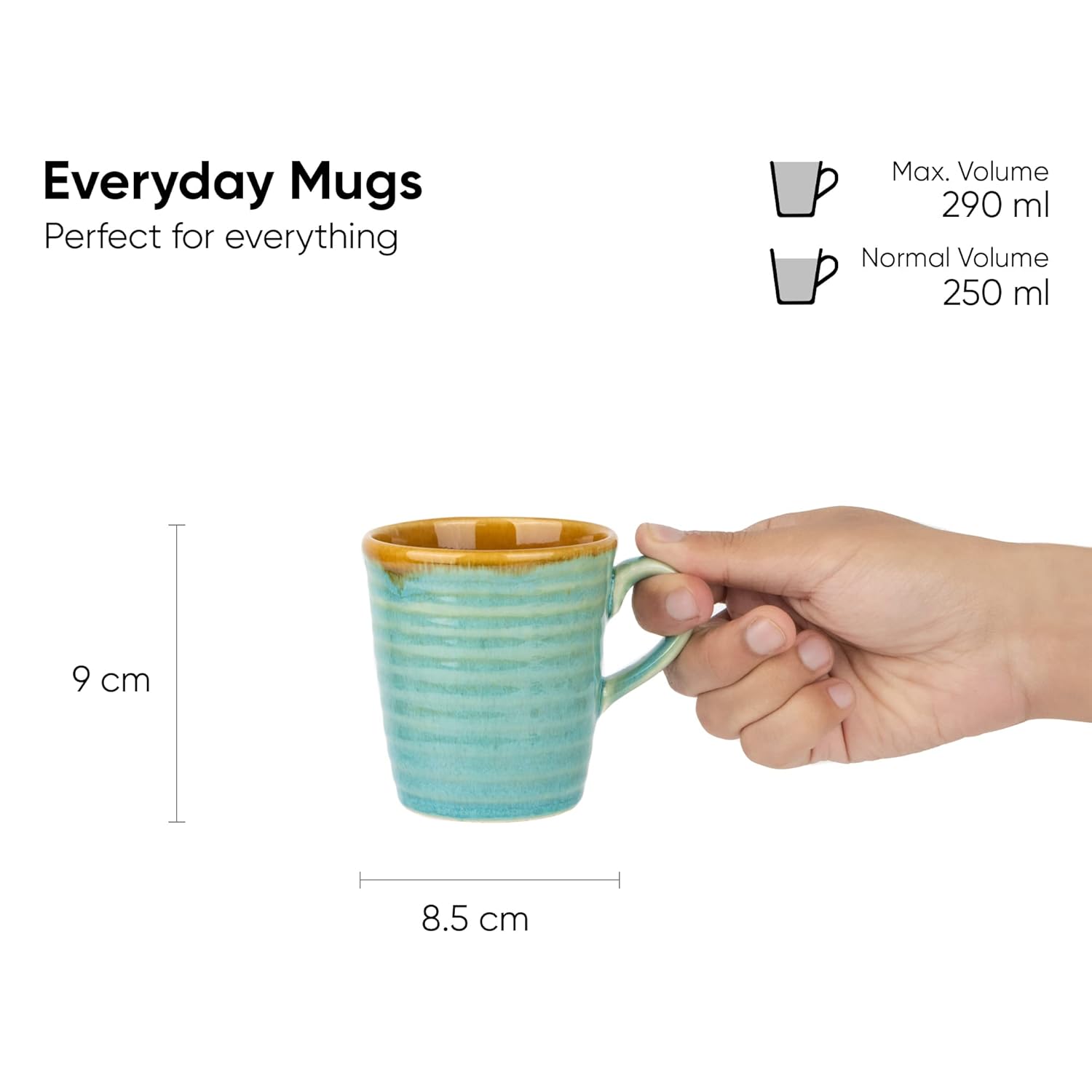 Ceramic Artisanal Coffee Cup Set Of 4 - 290ml Each, Turquoise Blue | Medium Cup With Glossy Finish - Stoneware Coffee Cup Set | Ceramic Everyday Cup - Microwave Safe & Dishwasher Safe